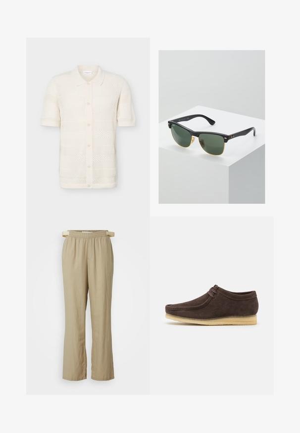 Kurzärmliges cremefarbenes Strickshirt mit Kragen und Vorderknöpfen, das ein strukturiertes, offen gewebtes Muster und kontrastierende Abschlüsse an Ärmeln und Saum aufweist.; Beige, weite Hosen aus leichtem Stoff. Elastischer Bund mit Bindeband. Mit Vordertaschen und geraden Beinen.; Braune Wildlederschuhe mit glatter Oberfläche, runder Zehenform und minimalistischem Design. Verfügt über eine hellfarbene Gummisohle und kontrastierende Schnürdetails.; Ray-Ban Sonnenbrillen mit grünen Gläsern, schwarzen Kunststoffrahmen und goldenen Akzenten an den Rändern. Quadratische Form mit matter Oberfläche.