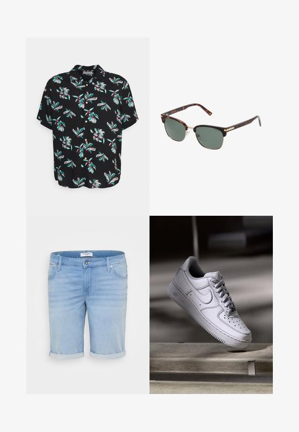 Kortærmet sort skjorte med et blomstermotiv af hvide og grønne tropiske blomster, knaplukning og en afslappet pasform.; Lysblå denimshorts med en let falmet finish, opfoldede bukseben, fem-lommer design og en metalknaplukning.; Hvid læder Nike Air Force 1 sneaker med perforeret tå, flade snørebånd og tekstureret gummisål med "AIR" branding på siden.; Skildpaddemønstrede solbriller med grønne linser, metalliske detaljer og rektangulær form. Funktioner inkluderer justerbare næsestøtter og en blank finish.