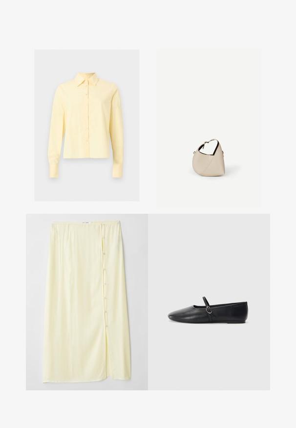 Chemise jaune pâle à manches longues boutonnée avec col pointu, présentée à plat sur un fond gris clair uni.; Jupe longue, jaune pâle, en tissu doux avec une fente sur le côté et une fermeture à boutons, présentant une texture lisse et une coupe décontractée.; Ballerines noires en cuir avec un bout pointu, une semelle plate et une petite sangle avec un détail de boucle en argent.; Sac à main en cuir beige en forme de croissant avec une seule bandoulière et des coutures minimalistes, posé sur un fond blanc uni.