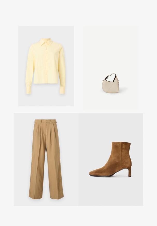 Bleg gul langærmet skjorte med knapper og spids krave, vist fladt mod en ensartet lys grå baggrund.; Beige bomuldsbukser med høj talje, plisseret foran, brede ben og en glat tekstur. Har standard talje og bælteløkker.; Brune ruskinds ankelstøvle med spids tå og slank hæl i mellem højde, set fra siden på en ensfarvet hvid baggrund.; Beige læder håndtaske i halvmåneform med en enkelt skulderrem og minimal syning, sat mod en ensartet hvid baggrund.