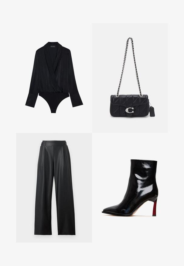 Sort langærmet bodysuit med omslag, lavet af glat stof. Har en dyb udskæring og tætsiddende bodice med en klassisk skåret bund.; Sorte bredbenede bukser i kunstlæder med høj talje, knapdetaljer på linningen og frontplisseringer.; Sort laklæder ankelstøvle med spids tå og en rød detalje på stilethælen. Glat tekstur og elegant design.; COACH QUILTED TABBY SHOULDER WITH CHAIN - Håndtasker - black