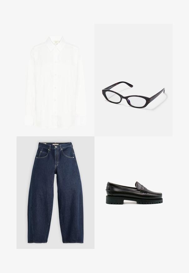 Chemise blanche à manches longues avec col classique et coupe régulière. Fabriquée en tissu lisse, avec huit boutons sur le devant.; Jean en denim bleu foncé, à coupe ample, avec des coutures claires, cinq poches et un bouton de fermeture à la taille.; Mocassin en cuir noir avec une couture décorative et un petit talon. Il dispose d'une semelle en caoutchouc épaisse avec des rainures pour une meilleure traction.; Lunettes de style œil de chat avec une monture en plastique écaille de tortue foncée et brillante, avec des branches courbées et des verres transparents. Marquage minimal sur le côté.