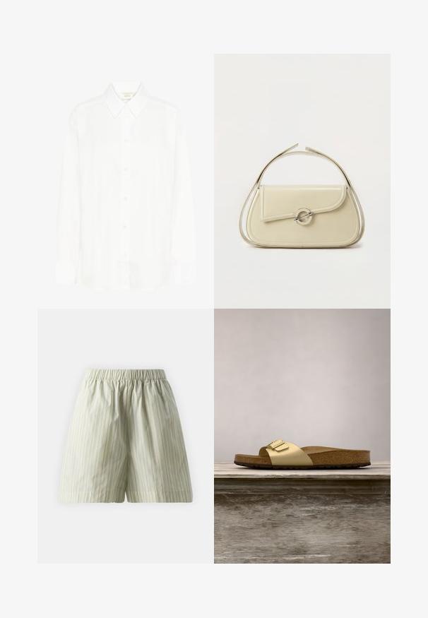 Camisa blanca de manga larga con botones al frente, cuello clásico y corte regular. Hecha de tela suave, cuenta con ocho botones en la parte delantera.; Pantalones cortos de algodón verde claro con rayas verticales blancas, cinturilla elástica y un ajuste suelto y relajado. Textura suave.; Chancla sintética dorada con una sola correa y detalle de hebilla, que cuenta con una plantilla de corcho marrón y suela de goma texturizada.; Bolso de mano de cuero beige con solapa curva, cierre circular plateado y asa corta superior sobre un fondo blanco liso.