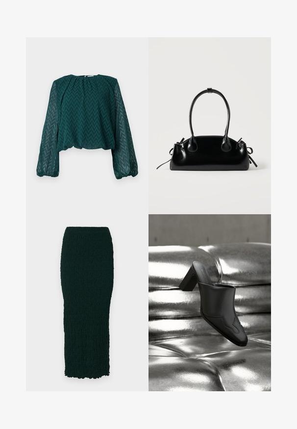 Donkergroen doorschijnend blouse met zigzagpatroon, lange pofmouwen en geraffineerde halslijn en zoom.; Donkergroene, textuurrijke, knie-lange rok met een getailleerd silhouet en golvende zoom. Het materiaal lijkt gekreukt en heeft een gladde afwerking.; Zwarte leren mule met blokhak, rustend op een glanzend zilveren gestoffeerde oppervlakte, die het strakke ontwerp en de afgeronde details benadrukt.; Kleine zwarte glanzende handtas met twee lange hengsels en zijkant trekkoord details op een effen lichte achtergrond.