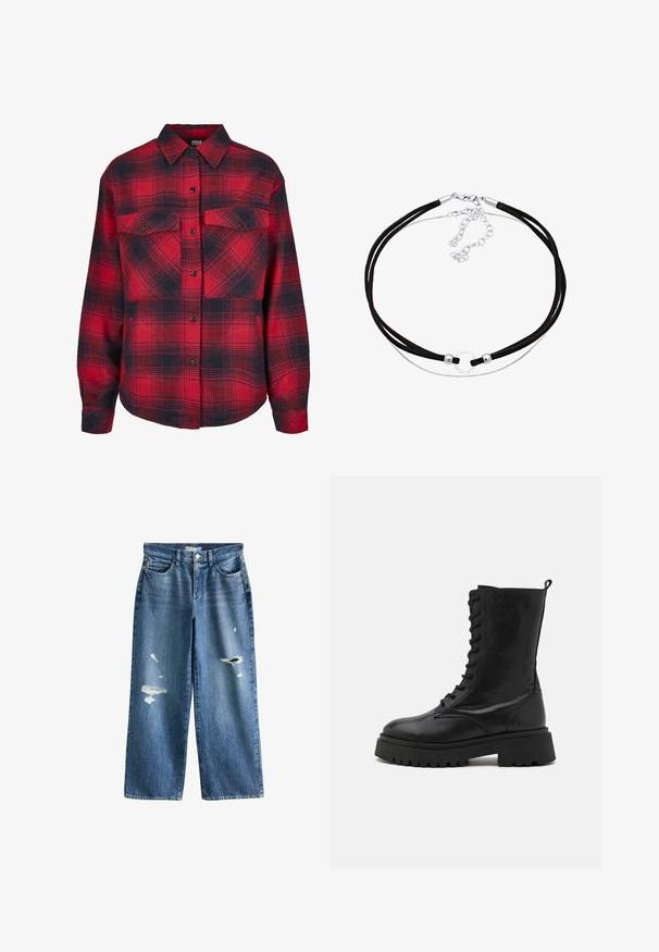 Rød og sort ternet flannel skjorte med knaplukning foran, to brystlommer og lange ærmer med knapmanchetter. Teksturere stof.; Blå bredbenede jeans med slidte revner på forreste lår og standard forlommer, bæltestropper og en knaplukning i taljen.; Sort læderkamp støvle med snørebåndsfront, rund tå, kraftig sål og hæklet ved bagenden. Teksturfinish og solid konstruktion.; Elli CHOKER - Halskæder - silberfarben