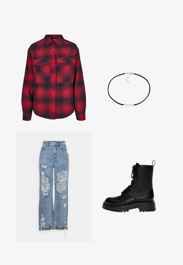 Rød og sort ternet flannel skjorte med knaplukning foran, to brystlommer og lange ærmer med knapmanchetter. Teksturere stof.; Blå højtaljede jeans lavet af denim, med store slidte lapper, rå kant og en løs pasform med sideslids ved anklerne.; Sorte snørebånd ankelstøvler lavet af syntetisk læder, med en kraftig sål, trækstrop og fremtrædende syninger.; Sort snorhalskæde med et sølvfadet vandret metalaccent og en kædeforlængelse til justerbar længde. Glat tekstur hele vejen igennem.