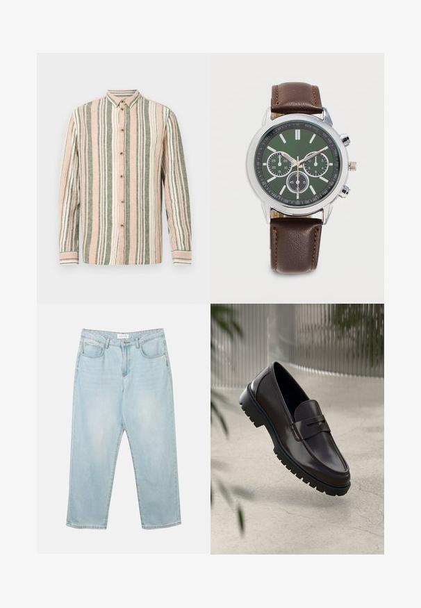 Overhemd met knopen en lange mouwen, voorzien van verticale strepen in beige, groen en wit, met een klassieke kraag en bruine knopen.; Lichtblauwe denim jeans met een relaxte fit, vijf zakken, een knoopsluiting en subtiele vervaging. De textuur is glad en licht versleten.; Bruine leren loafers met een getextureerde, geribbelde rubberen zool. Beschikt over een slank ontwerp en een decoratieve band over de wreef.; Polshorloge met groene wijzerplaat, drie subdials, zilverkleurige kast, zilverkleurige wijzers en een bruine leren band met oranje stiksels.