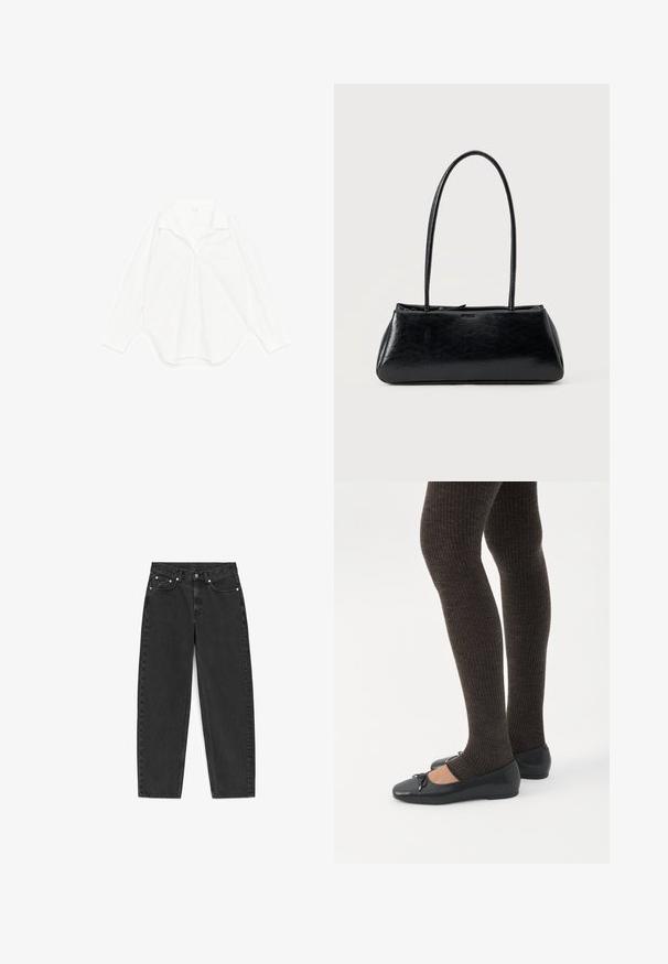 Chemise blanche à manches longues avec col et boutons, étalée à plat sur un fond blanc.; Jean noir taille haute à jambes droites avec cinq poches, fermeture à bouton et coutures visibles sur fond blanc.; Jambes portant des leggings côtelés foncés associés à des ballerines noires avec de petits détails en nœud sur fond blanc.; Sac à épaule rectangulaire noir avec de longues bretelles fines et une texture lisse et brillante sur un fond uni.