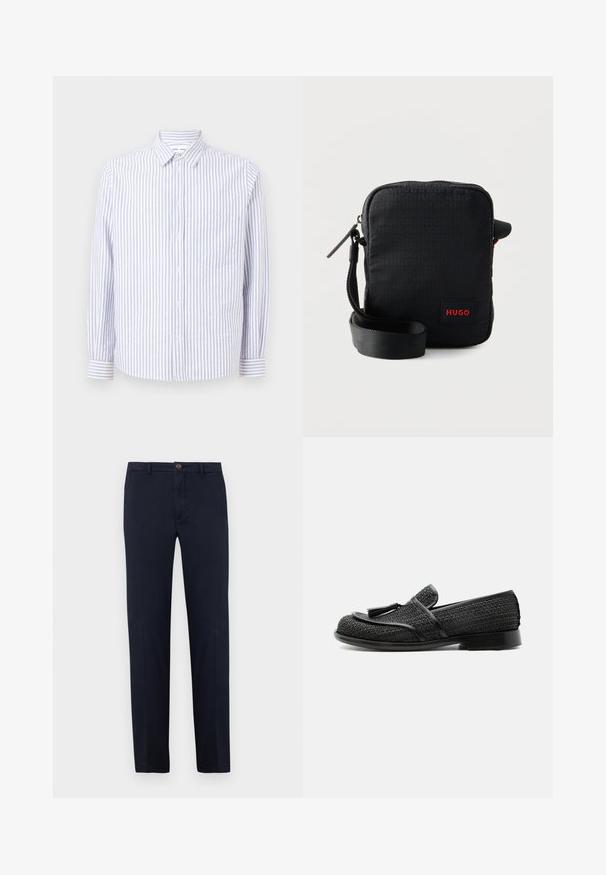 Gestreiftes Button-Up-Hemd in Hellblau und Weiß. Mit einem spitzen Kragen, langen Ärmeln und einer einzelnen Brusttasche. Aus Baumwollstoff.; Marineblaue Baumwollhose mit geradem Bein, Frontreißverschluss und Ein-Knopf-Verschluss. Glatte Textur ohne sichtbare Muster.; Schwarzer gewebter Loafer mit Quastendetail, niedrigem Absatz und abgerundeter Spitze, seitlich auf weißem Hintergrund dargestellt.; Schwarze rechteckige Umhängetasche mit Reißverschluss, verstellbarem Riemen, dezentem Logomuster und rotem "HUGO"-Label auf der Vordertasche.