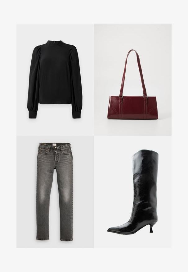 Chemisier noir à manches longues avec col haut, épaules bouffantes et poignets ajustés, présenté sur un fond blanc.; Jean en denim gris avec une coupe droite, texture usée, décoloration subtile, rivets en cuivre et une fermeture à bouton classique.; Botte en cuir noire brillante, haute jusqu'au genou, avec bout pointu et talon bas courbé sur un fond clair uni.; Sac à main bordeaux en matériau brillant, de forme rectangulaire, avec deux anses et des accents légèrement courbés à l'avant.