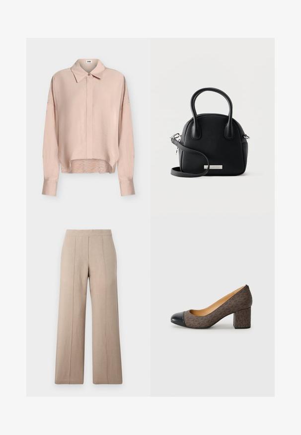 Blouse rose clair à manches longues, col pointu, patte de boutonnage à l’avant, épaules tombantes et ourlet légèrement incurvé.; Pantalons larges beige en tissu léger, avec des plis à l'avant, une ceinture lisse et une coupe droite aux ourlets nets.; Escarpin à talon haut marron à motifs avec un bout rond noir et un talon carré, présentant une texture lisse semblable à du cuir.; Sac à main en cuir noir texturé avec deux poignées arrondies, une bandoulière amovible et une plaque de marque argentée à l'avant.