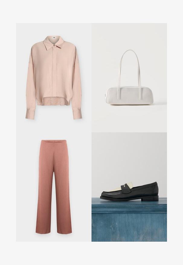 Blouse rose clair à manches longues, col pointu, patte de boutonnage à l’avant, épaules tombantes et ourlet légèrement incurvé.; Pantalon en maille côtelée à jambes larges couleur rose poudré avec une taille élastique et de fines rayures verticales, présenté sur un fond uni.; Mocassin en cuir noir et blanc avec des coutures décoratives, flottant au-dessus d'un sol en béton avec des plantes floues en arrière-plan.; Sac d'épaule rectangulaire blanc avec des bretelles longues et fines, couture minimale, et fermeture éclair sur un fond uni.