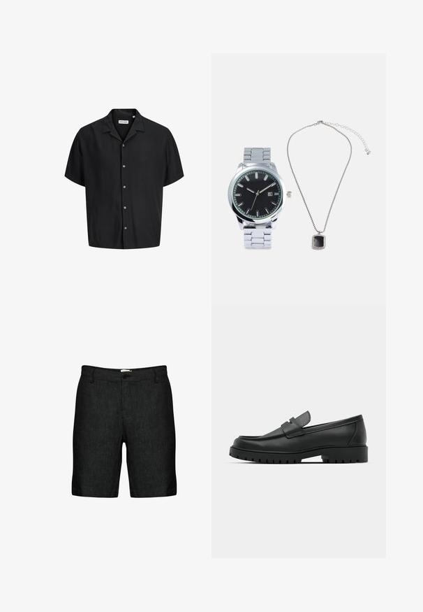 Camisa negra de manga corta con botones al frente, cuello tipo campestre y botones blancos visibles, presentada sobre un fondo blanco.; Pantalones cortos de lino negros con frente plano, trabillas para cinturón y cierre de un solo botón. Cuentan con una tela texturizada y perneras ligeramente adaptadas.; Mocasines de cuero negro con punta redonda, que cuentan con un diseño cosido, suela de plataforma baja y una suela de goma texturada y con tacos.; Reloj plateado con un esfera negra texturizada y correa de acero inoxidable al lado de un collar de cadena plateado con un colgante rectangular negro.