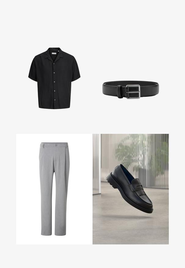 Camisa negra de manga corta con botones al frente, cuello tipo campestre y botones blancos visibles, presentada sobre un fondo blanco.; Pantalones gris claro de pierna recta con botón y trabillas, mostrados de frente sobre un fondo blanco.; Mocasines de cuero negro con acabado liso, que presentan una correa decorativa y un panel texturizado en la parte delantera, y una suela de goma texturizada.; Cinturón de cuero negro con hebilla metálica rectangular plateada y una sola trabilla para sujetar.