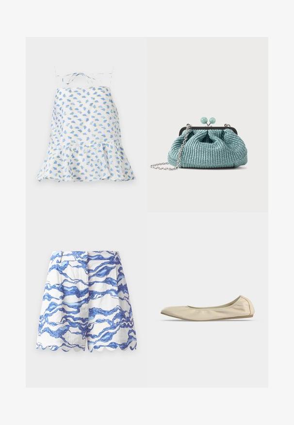 Hvid ærmeløs kjole med blomsterprint i blå og grøn. Har en volangkant og justerbare stropper. Let vævning, delikat tekstur.; Hvide shorts med blåt bølgemønster, bølgede kanter, letvægtsstof, plisseret front og en afslappet pasform. Velegnet til afslappet brug.; Beige blødt læder balletsko med rundet tå, lavt snit i siden og tynd gummisål på en ensartet hvid baggrund.; Lille lyseblå vævet clutchtaske med en sølvkæde og rund lukning på toppen.