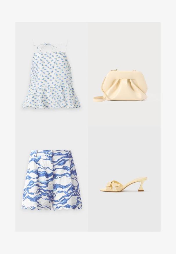 Hvid ærmeløs kjole med blomsterprint i blå og grøn. Har en volangkant og justerbare stropper. Let vævning, delikat tekstur.; Hvide shorts med blåt bølgemønster, bølgede kanter, letvægtsstof, plisseret front og en afslappet pasform. Velegnet til afslappet brug.; Beige mule-sandal med åben tå, mellemhøj buet hæl og overlappende stroppedesign på en ensfarvet lys baggrund.; Beige blød læder clutch-taske med struktureret ramme og rynket frontdetalje, med en tynd håndledsrem og guldlås.
