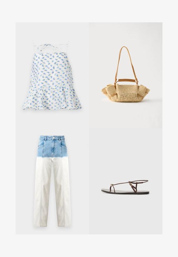 Hvid ærmeløs kjole med blomsterprint i blå og grøn. Har en volangkant og justerbare stropper. Let vævning, delikat tekstur.; Denim jeans har en blå topdel, der falmer til hvid. Høj Taljede design, lige ben silhuet og synlige syning detaljer.; Brun lædersandal med tynde remme, en gylden cirkulær detalje og en flad sål. Minimalistisk design med en justerbar spændedetalje.; Vævet beige håndtaske med en lang tynd strop og opsamlede sider, med et kort håndtag indpakket i læder til forskellige bære muligheder.