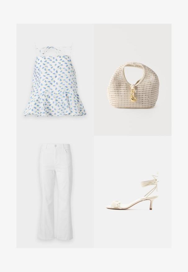 Hvid ærmeløs kjole med blomsterprint i blå og grøn. Har en volangkant og justerbare stropper. Let vævning, delikat tekstur.; Hvide flare jeans med høj talje, forlommer og rå kant. Lavet af denim med en glat tekstur og minimal syninger.; Kremfarvet sandal med lave hæle, bindebånd om anklen og en bred snoet rem over tæerne på en ensartet hvid baggrund.; Kremfarvet vævet håndtaske med rund form, kort håndtag og dekorativ guldfarvet lås hængende foran i midten.