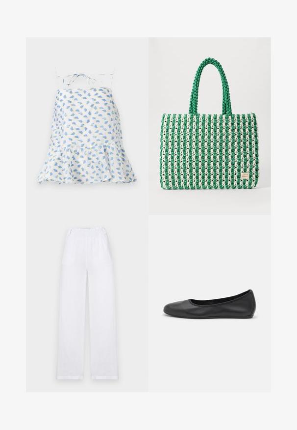 Robe blanche sans manches avec imprimé floral en bleu et vert. Présente un ourlet volanté et des bretelles réglables. Tissu léger, texture délicate.; Pantalons larges en lin blanc avec une taille élastique, deux poches latérales et une silhouette droite avec des ourlets roulés.; Ballerines en cuir noir avec un bout rond, texture lisse, détails de couture minimalistes et design de semelle flexible.; Sac fourre-tout tissé vert et blanc avec une forme rectangulaire structurée, une finition texturée et deux poignées solides. Présente une étiquette de logo sur le côté.