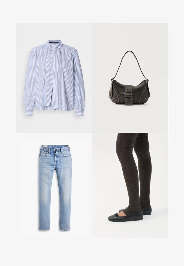 Lichtblauw en wit gestreept blouse met opstaande mouwen, een strikcol en knoopmanchetten, gemaakt van een zachte stof met een gladde textuur.; Lichtblauwe spijkerbroek met een rechte snit, twee zijzakken en een knoopsluiting. Verweerd textuur met lichte vervaging bij de knieën.; Benen met donkere geribbelde leggings gecombineerd met zwarte ballerina's met kleine strikdetails op een witte achtergrond.; Zwarte leren schoudertas met gespsluiting aan de riem, afgeronde hoeken en contrasterende witte stiksels op een effen achtergrond.