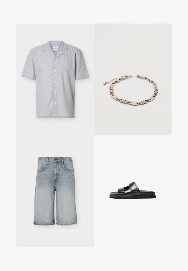 Lysegrå kortærmet skjorte med knapper og camp-krave samt et glat, let tekstureret stof.; Lyseblå denim shorts til knæet med forlommer, bæltestropper og knaplukning på hvid baggrund.; Sort læder slidesandal med en bred justerbar rem, åben tå og tekstureret sål. Minimalistisk design med en flad, polstret fodseng.; Sølvfarvet metalarmbånd med skiftevis rektangulære og ovale led, justerbar lukning med lille rund charm på hvid baggrund.