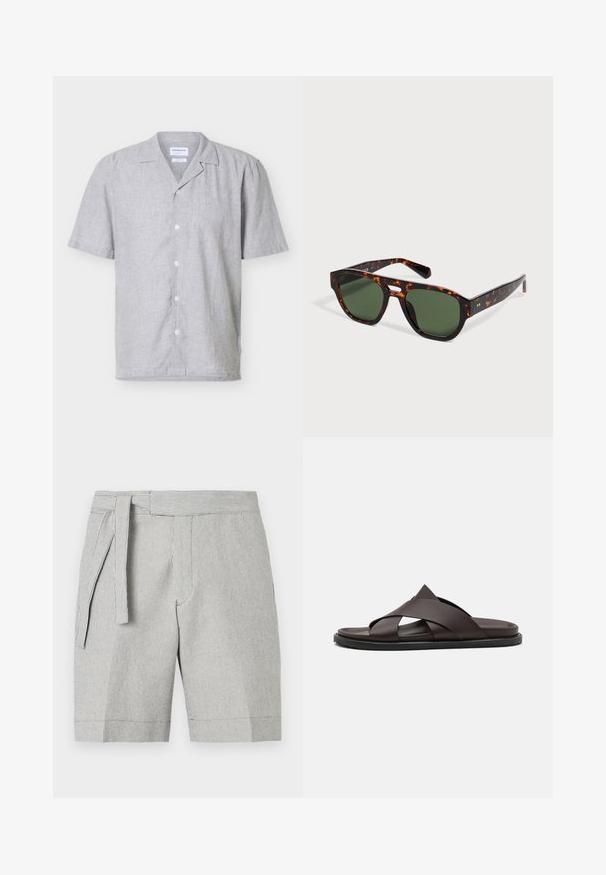 Chemise gris clair à manches courtes avec boutons et col campagnard, en tissu lisse légèrement texturé.; Shorts gris clair et blancs à fines rayures, avec ceinture à nouer à la taille et poches avant sur fond uni.; Stuart Weitzman BERKLEY - Mules - espresso; Lunettes de soleil rectangulaires à motif écaille de tortue, verres vert foncé et pont en forme de serrure sur un fond neutre.