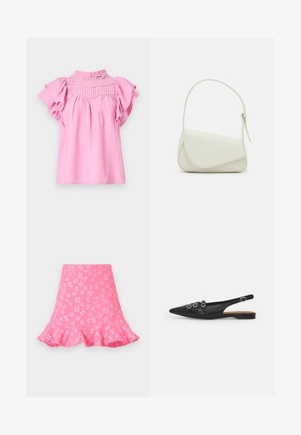 Blusa rosa con mangas cortas con volantes, detalles fruncidos en el pecho y un cuello alto. Tela ligera y texturizada con un acabado suave.; Falda rosa de corte acampanado que presenta patrones florales en relieve, un dobladillo con volantes y una textura suave. Longitud por encima de la rodilla con una cinturilla ajustada.; Zapato plano slingback de cuero negro con puntera puntiaguda, que presenta dos correas horizontales y hebillas plateadas cuadradas, tacón bajo y textura suave.; Bolso de mano de imitación cuero blanco con una forma triangular estructurada, correa ajustable única y cierre con solapa acentuada en curva.