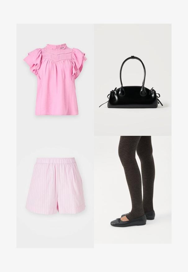 Rosa Bluse mit kurzen Rüschensäumen, gerafftem Detail am Oberteil und hohem Kragen. Leichter, strukturierter Stoff mit weichem Finish.; Hellrosa Shorts mit weißen vertikalen Streifen, verfügen über einen elastischen Bund und einen lockeren Schnitt, hergestellt aus weichem, leichtem Stoff.; Beine in dunklen, gerippten Leggings kombiniert mit schwarzen Ballerinas mit kleinen Schleifendetails auf weißem Hintergrund.; Kleine schwarze glänzende Handtasche mit zwei langen Griffen und seitlichen Kordelzug-Details vor einfachem hellem Hintergrund.