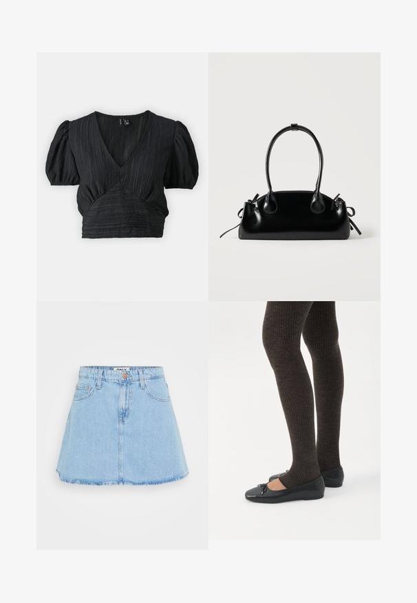Čierny crop top vyrobený z textúrovanej látky, s hlbokým výstrihom do V a pufovanými rukávmi, so zúžením v páse pre priliehavý strih.; Svetlomodrá džínová sukňa so širokým strihom, dizajnom s piatimi vreckami a surovým lemom. Obsahuje predné zapínanie na gombík a pútka na opasok.; Nohy v tmavých pásikavých legínach v kombinácii s čiernymi balerínkami s malými mašličkami na bielom pozadí.; Malá čierna lesklá kabelka s dvoma dlhými rúčkami a bočnými šnúrkovými detailmi na jednoduchom svetlom pozadí.