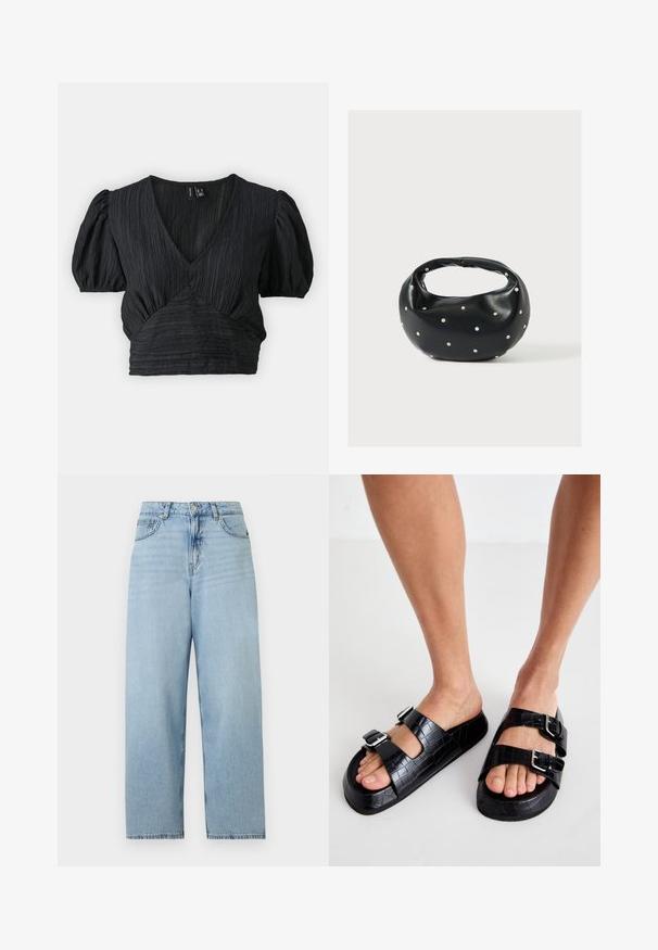 Čierny crop top vyrobený z textúrovanej látky, s hlbokým výstrihom do V a pufovanými rukávmi, so zúžením v páse pre priliehavý strih.; Svetlomodré rifle s vysokým pásom a širokými nohavicami, s predným zapínaním na gombík a zips a klasickým päťvreckovým dizajnom.; Čierne sandále z umelej kože s embosovaním krokodílej kože, vybavené dvoma nastaviteľnými prackami. Hrubá podrážka a otvorená špička. Textúrovaný povrch a plochý tvar.; Čierna kožená kabelka s zaobleným tvarom, zdobená striebornými cvočkami a krátkym rúčkou. Hladká textúra a zapínanie na zips.
