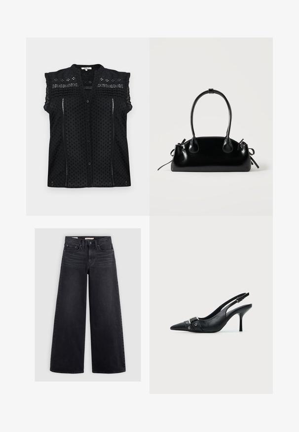 Sort kortærmet bluse med knaplukning, der har teksturerede prikker, delikate blonder og et lagdelt flæse-detalje på skuldrene.; Bredbenede sorte jeans lavet af denim, med høj talje, fem lomme-design og subtilt slid langs forsiden.; Sort læder højhælet sko med spidst tåparti, slingback og rem med spænde og nitter foran.; Lille sort blank håndtaske med to lange håndtag og snøre-detaljer i siden på en ensfarvet lys baggrund.