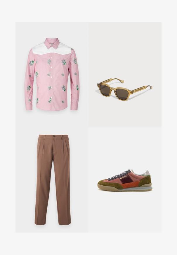 Chemise à manches longues en rose et blanc. Dotée d'une broderie florale et d'un empiècement blanc. Fabriquée dans un tissu léger avec un devant à boutons.; Pantalons plissés marron avec une coupe droite, dotés d'une fermeture à un bouton et d'un tissu lisse et texturé.; PS Paul Smith DOVER - Baskets basses - pink; Lunettes de soleil de couleur ambre avec une forme géométrique, verres foncés, épais montures transparentes et logo en relief sur les tempes.