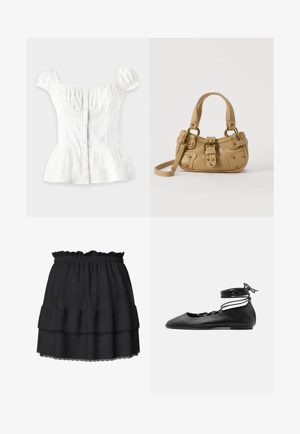 Blouse blanche à manches courtes avec boutons sur le devant, poitrine froncée, côtés élastiques, manches bouffantes et bas évasé sur fond clair.; Mini-jupe noire avec taille élastique froncée, volants superposés et bordure en dentelle sur l’ourlet, présentée sur fond blanc.; Chaussure de ballet plate en cuir noir avec un bout pointu, plusieurs fines brides sur le dessus et des lacets enroulés autour de la cheville.; Sac à main en cuir beige avec double poignées, boucle en laiton et détails rivetés, ainsi qu'une bandoulière réglable sur fond blanc.