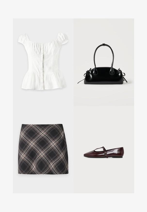 Blouse blanche à manches courtes avec boutons sur le devant, poitrine froncée, côtés élastiques, manches bouffantes et bas évasé sur fond clair.; Jupe mini à carreaux noir et beige avec un motif à checks diagonal, taille ajustée et texture de tissu lisse.; Chaussure plate en cuir bordeaux foncé avec un bout pointu et une fine bride en T avec une boucle argentée sur fond blanc.; Petit sac à main noir brillant avec deux longues anses et des détails à cordon sur les côtés sur un fond clair uni.