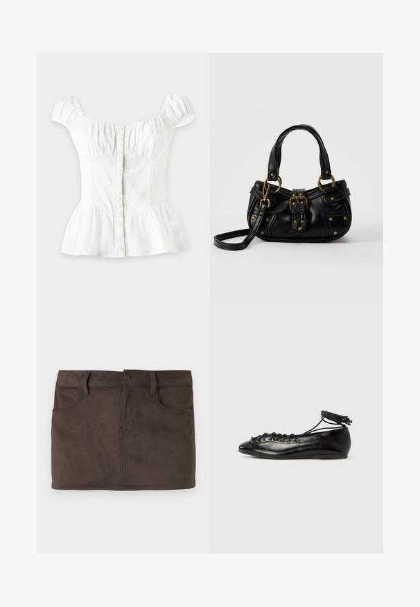 Blouse blanche à manches courtes avec boutons sur le devant, poitrine froncée, côtés élastiques, manches bouffantes et bas évasé sur fond clair.; Mini-jupe en daim marron avec deux poches avant, passants de ceinture et fermeture avec bouton à l'avant. Texture lisse avec un léger brillant.; Ballerines en cuir verni noir avec un bout rond, un design à lacets et une semelle plate. Texture lisse avec peu de détails.; Sac à main en cuir noir avec boucle dorée et détails à rivets, poignées courtes et bandoulière réglable sur fond blanc uni.