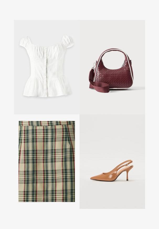 Blusa blanca de manga corta con botones en el frente, busto fruncido, laterales elásticos, mangas abullonadas y bajo peplum acampanado sobre un fondo claro.; Tela de cuadros con un fondo beige y líneas en verde oscuro, rojo y amarillo. Tejido texturizado con un diseño estructurado, que muestra patrones distintos.; Zapato de tacón tipo slingback con punta afilada en un material suave y brillante de color marrón. Presenta un diseño con corte curvado y un tacón de aguja delgado. Detalle de hebilla plateada.; Bolso de mano de cuero tejido color granate con asa curva, ribete blanco, cremallera plateada y correa desmontable de tela ancha para el hombro sobre fondo liso.