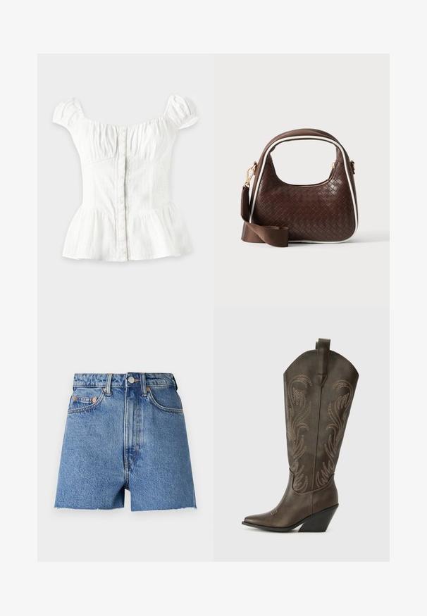 Weiße kurzärmelige Bluse mit Knopfleiste vorne, geraffter Brust, elastischen Seitenteilen, aufgesetzten Ärmeln und ausgestelltem Peplum-Saum auf hellem Hintergrund.; Helleblaue Jeansshorts mit hoher Taille, ausgefranstem Saum und kupferfarbenen Beschlägen. Ausgestattet mit zwei Vordertaschen und klassischem Fünf-Taschen-Design.; Braune Leder-Cowboystiefel mit einer spitzen Zehe, Wedge-Absatz und dekorativer Stickerei. Besitzt einen hohen Schaft und eine Zuglasche.; Braune gewebte Lederhandtasche mit weißer Paspel, goldenem Reißverschluss und abnehmbarem braunem Stoff-Schulterriemen.