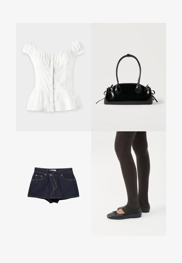 Blouse blanche à manches courtes avec boutons sur le devant, poitrine froncée, côtés élastiques, manches bouffantes et bas évasé sur fond clair.; Mini-jupe en denim bleu foncé avec poches avant, passants de ceinture et surpiqûres jaunes visibles sur fond blanc.; Jambes portant des leggings côtelés foncés associés à des ballerines noires avec de petits détails en nœud sur fond blanc.; Petit sac à main noir brillant avec deux longues anses et des détails à cordon sur les côtés sur un fond clair uni.