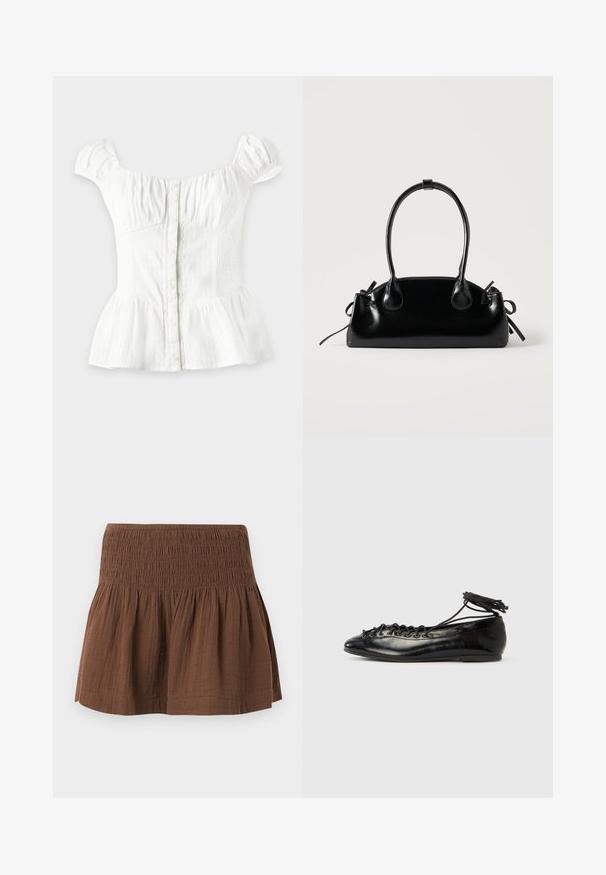 Blouse blanche à manches courtes avec boutons sur le devant, poitrine froncée, côtés élastiques, manches bouffantes et bas évasé sur fond clair.; Mini-jupe marron avec ceinture élastique smockée et tissu froncé en dessous, fabriquée en matériau léger texturé.; Ballerines en cuir verni noir avec un bout rond, un design à lacets et une semelle plate. Texture lisse avec peu de détails.; Petit sac à main noir brillant avec deux longues anses et des détails à cordon sur les côtés sur un fond clair uni.