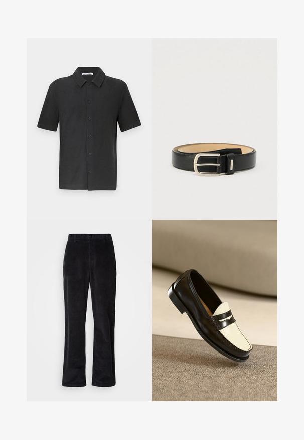 Zwart kortwerp shirt met een button-down kraag, voorzien van een subtiele textuurpatroon en vooraan knoopsluitingen. Zachte stof.; Ribfluwelen broek in donkerzwart met een rechte pijp, voorzien van een knoopsluiting, riemlussen en zijzakken voor functioneel gebruik.; Zwarte leren instapper met een crèmekleurige bovenkant en zwarte accentstrepen, kenmerkend door een lage hak en gedetailleerde stiksels langs de randen.; Zwarte leren riem met een gladde textuur en een rechthoekige gesp in zilverkleur. Voorzien van een Calvin Klein-logo op de gesp.