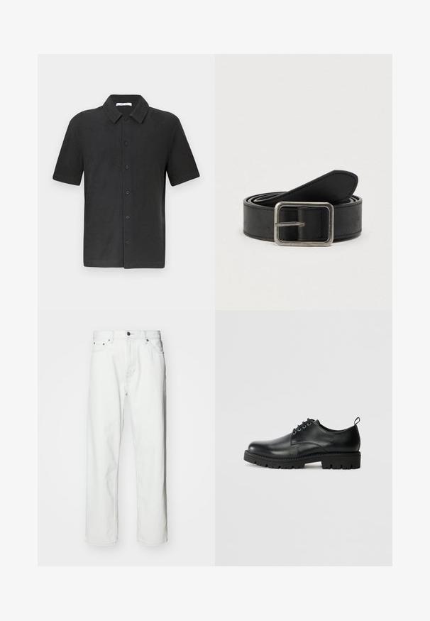 Chemise noire à manches courtes avec un col boutonné, présentant un motif texturé subtil et des fermetures à boutons sur le devant. Matière en tissu doux.; Jean en denim blanc avec une coupe droite, design à cinq poches, fermeture à bouton et détails de coutures subtils. Texture lisse et style minimaliste.; Chaussure en cuir noir à bout arrondi, présentant un design à lacets, une semelle en caoutchouc noire robuste et un petit onglet de talon à l'arrière.; Ceinture en cuir noir avec une boucle en métal argenté, présentant une texture lisse et un design simple et classique.