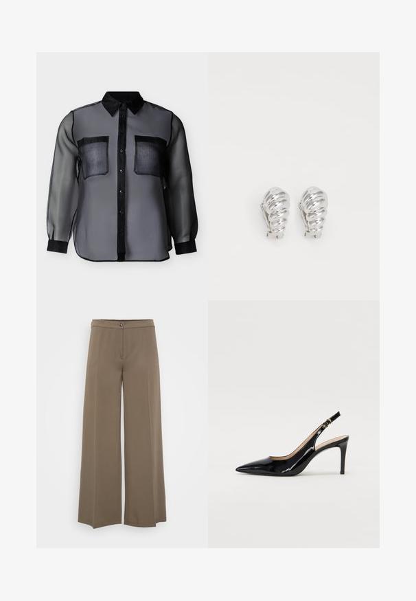 Blusa negra transparente de manga larga con cuello sólido, tapeta de botones, puños y dos bolsillos en el pecho, exhibida sobre un fondo liso.; Pantalones de pierna ancha en un tejido marrón sólido, con cierre de botón, frente plano y textura suave, diseñados para un ajuste relajado.; Zapatos de charol negro con tirante al tobillo, punta afilada, tacón delgado y un diseño de corte sutil. Presenta una hebilla dorada en la correa.; Pendientes de clip plateados con un diseño en espiral, que presentan una textura metálica suave y formas redondeadas. Sin adornos ni patrones visibles.