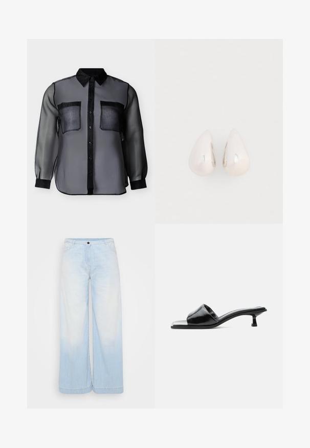 Zwarte doorschijnende blouse met lange mouwen, stevige kraag, knopenbies, manchetten en twee borstzakken, gepresenteerd op een effen achtergrond.; Lichtblauwe denim wide-leg jeans met een gradient was, voorzien van een knoopsluiting, voorzakken en contrasterend stiksel langs de zoom.; Zwarte lakleren mule met open teen, een lage kittenhak en een brede band over de tenen, afgebeeld in zijprofiel tegen een effen achtergrond.; Zilveren metalen druppeloorbellen met een gladde, reflecterende oppervlakte en een druppelvorm, voorzien van een naadloos ontwerp en zonder zichtbare versieringen.