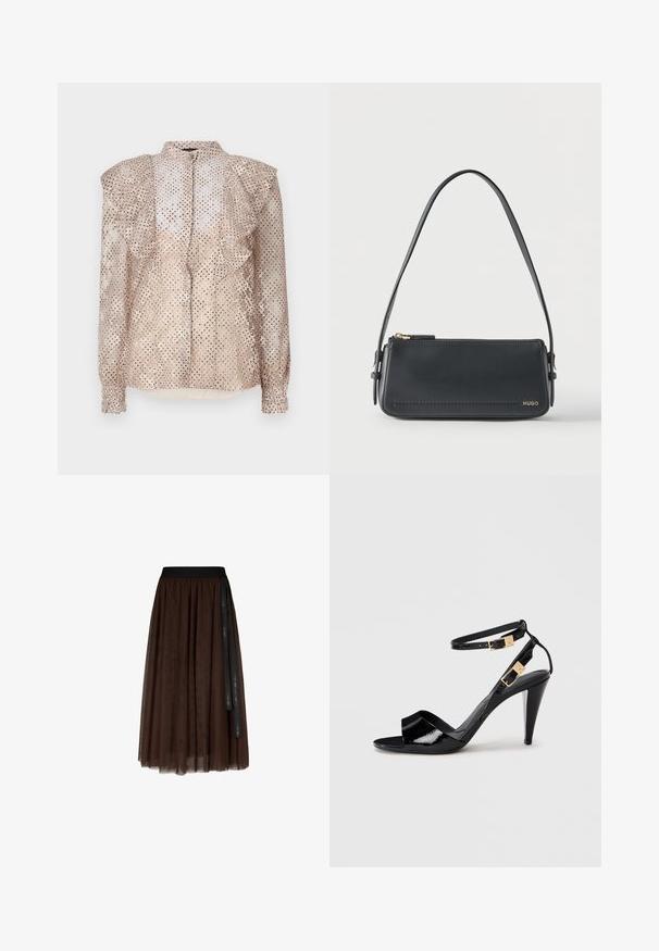 Beige bluse med prikket mønster, flæser ved skuldrene og lange ærmer. Har en knaplukning foran og et let, gennemsigtigt stof.; Brun midi-længde tylskørt med sort elastisk talje og lang sort bånddetalje hængende på den ene side.; Sorte patentlæder højhælede sandaler med dobbelte ankelremme og guldspænder, åben tå og slank taperet hæl på neutral baggrund.; Sort rektangulær skuldertaske i læder med guld lynlås og lille guld "HUGO"-logo på fronten, med justerbar strop med spænde.