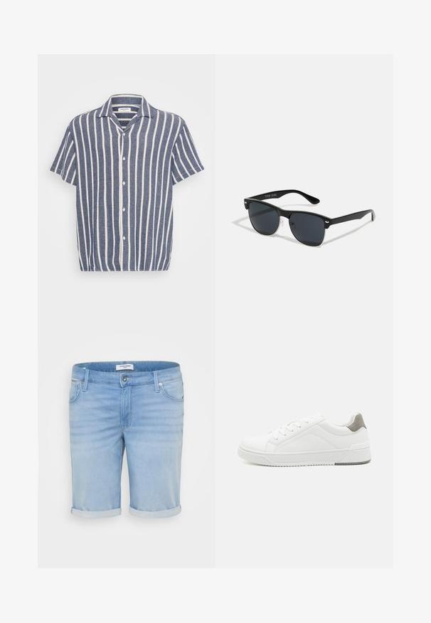 Kurzärmliges Hemd mit Knöpfen aus strukturiertem Stoff, das kräftige dunkelblaue und weiße vertikale Streifen aufweist, einen spitzen Kragen und fünf Knöpfe hat.; Helle blaue Jeansshorts mit einem leicht ausgewaschenen Finish, umgeschlagenen Säumen, Fünf-Taschen-Design und einem Metallknopfverschluss.; Weißer Sneaker aus glattem Leder, runde Zehenpartie, minimalistisches Design, graue Fersenkante und strukturierte Gummisohle.; Schwarze Sonnenbrille mit rechteckiger Form, dunklen Gläsern, silbernen Akzenten an den Bügeln und mattierter Oberfläche des Rahmens.