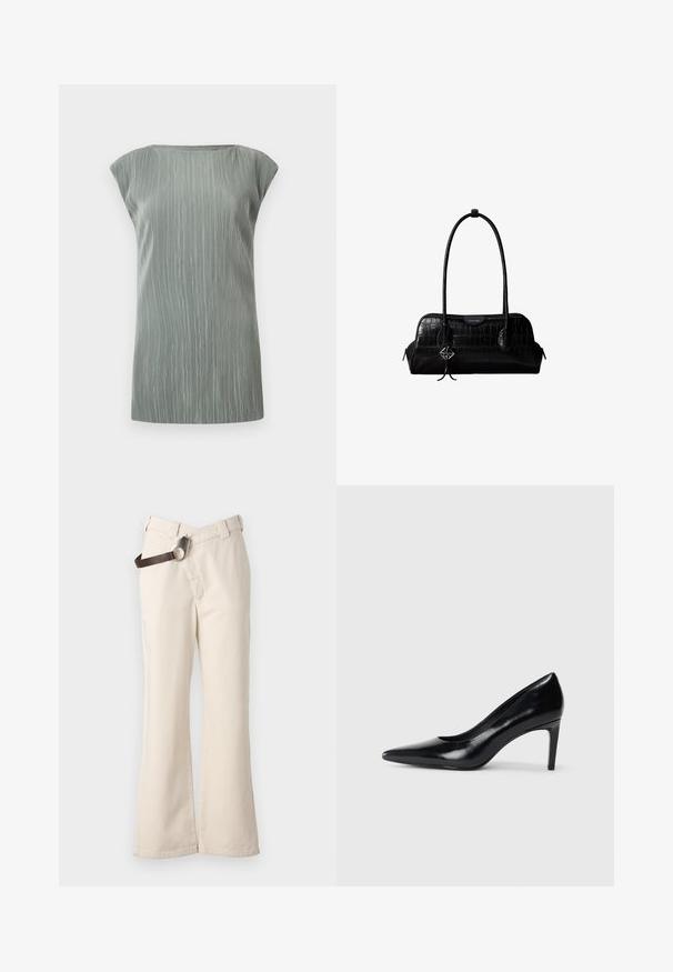 Top sin mangas de punto acanalado en gris claro con cuello barco y dobladillo recto.; Pinko PAINT PANTALONE - Pantalones - beige betulla; Zapato de tacón alto de cuero negro con punta afilada, textura suave y tacón en forma de cono. Diseño minimalista, sin adornos adicionales.; Bolso de hombro negro de cuero con textura de cocodrilo, con correas largas y un pequeño colgante de logo plateado en una correa.