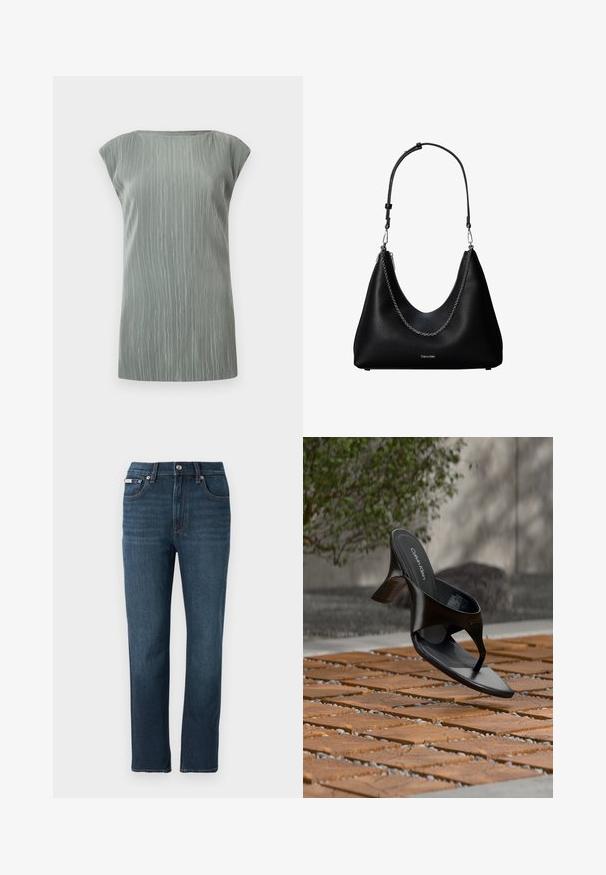 Haut sans manches gris clair en maille côtelée avec un col bateau et un ourlet droit.; Jean en denim bleu foncé avec une coupe droite, poches avant, fermeture par bouton et détails de couture subtils sur la taille.; Sandale à talon noire Calvin Klein en forme de tongs flottant au-dessus d'une surface extérieure carrelée avec de la verdure et un mur en béton en arrière-plan.; Sac à main en cuir noir avec un détail en chaîne argentée et une bandoulière réglable, arborant le logo Calvin Klein à l'avant.