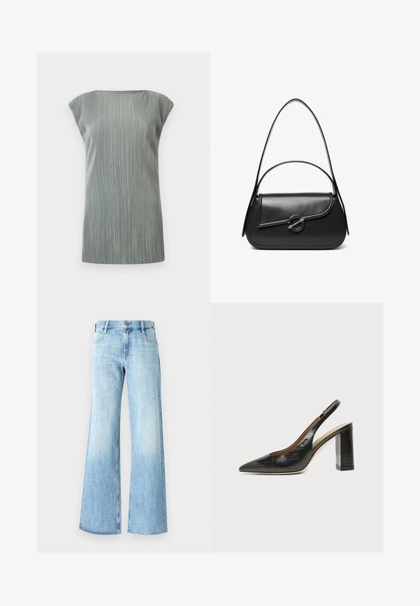 Ærmeløs lysegrå ribstrikket top med bådudskæring og lige kant.; Lyseblå denim flare jeans med høj talje, klassisk fem-lomme design og knaplukning, samt en let falmning nær kanten.; Sort læder peep-toe slingback sko med høj blokhæl og beige indvendig foring mod en ensfarvet lys baggrund.; Sort skuldertaske i læder med en buet klap, der er fastgjort med en rund metal spænde, og en slank, justerbar rem.