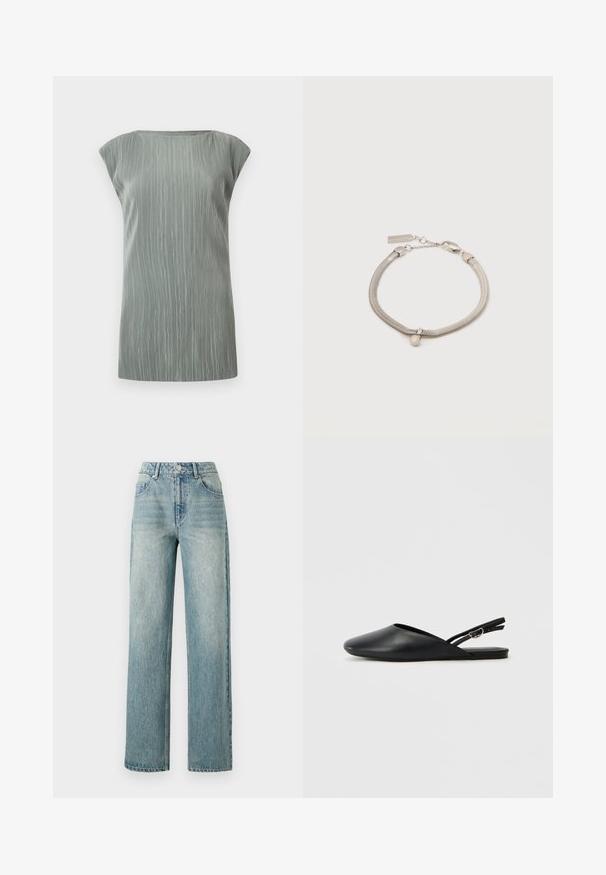 Ľahký sivý top bez rukávov, rebrovaný, s výstrihom na loďku a rovný lem.; Copenhagen Muse JEANNE PANTS - Džínsy voľného strihu - medium dirty washed denim; Čierne kožené slingback topánky s špicatou špičkou, zakriveným dizajnom a nastaviteľným prackovým remienkom. Hladká textúra, plochá podrážka, minimálne detaily.; Strieborný náramok s hadím reťazcom, malým guľatým príveskom a zapínaním na karabínku na bielom pozadí.