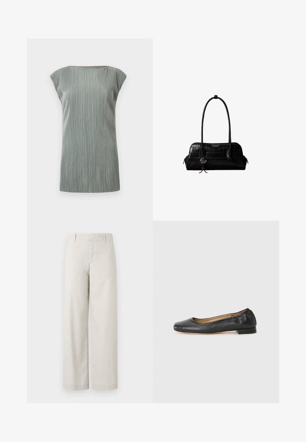 Haut sans manches gris clair en maille côtelée avec un col bateau et un ourlet droit.; Pantalon beige taille haute à coupe droite, avec passants de ceinture et une fermeture avant dissimulée, sur un fond uni.; Ballerines en cuir noir avec un bout arrondi et des coutures minimales. Talon bas et rectangulaire avec une texture lisse. Détails subtils de doublure intérieure.; Sac à épaule en cuir noir à texture crocodile, avec de longues sangles et un petit charm logo argenté sur une sangle.